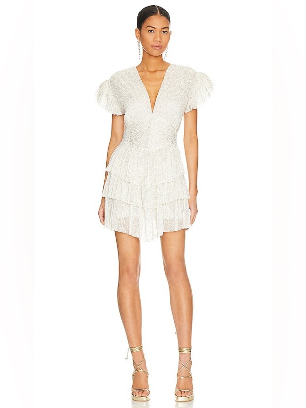 Sabina Musayev Devon Dress in metallic white fabric and a tiered ruffled skirt